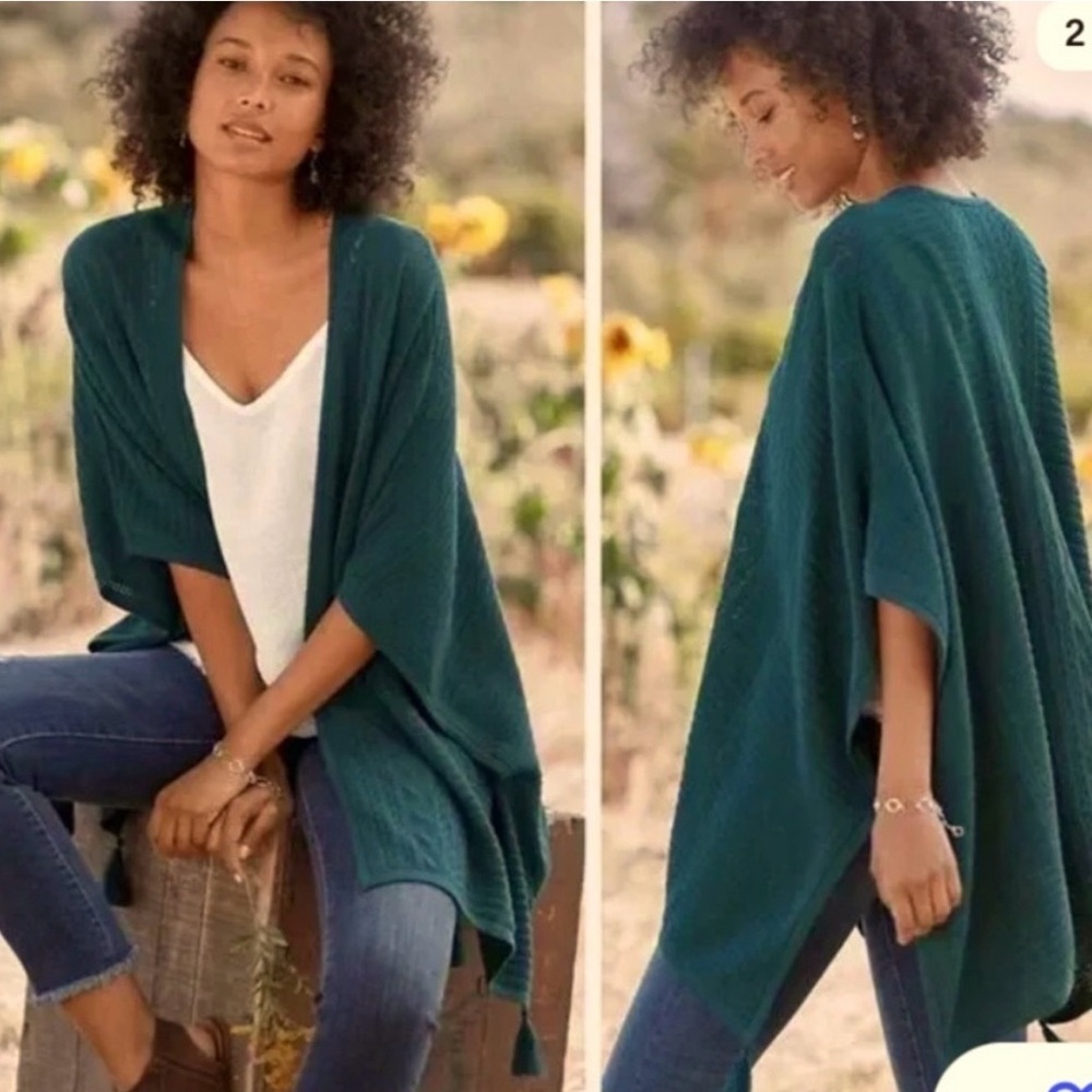 Garnet Hill Teal Organic Cotton and Linen Open-Front Ruana -Size L